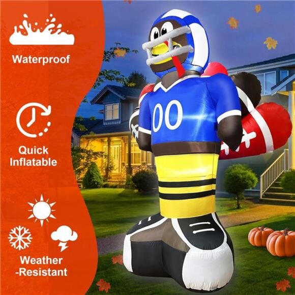 8 Ft Giant Football Turkey Inflatables Thanksgiving Decor with Built-in LED - Picture 3 of 8
